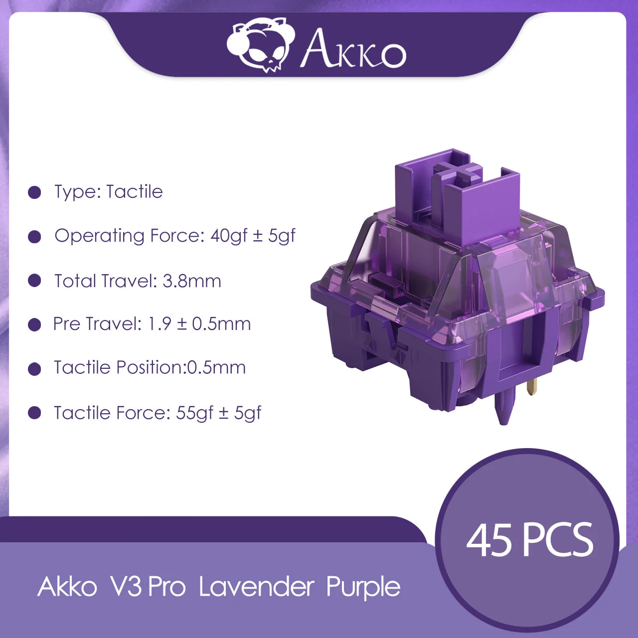 Akko V3 Pro Lavender Purple Switches 5 Pin 40gf Tactile Switch Compatible with MX Mechanical Keyboard (45 pcs)